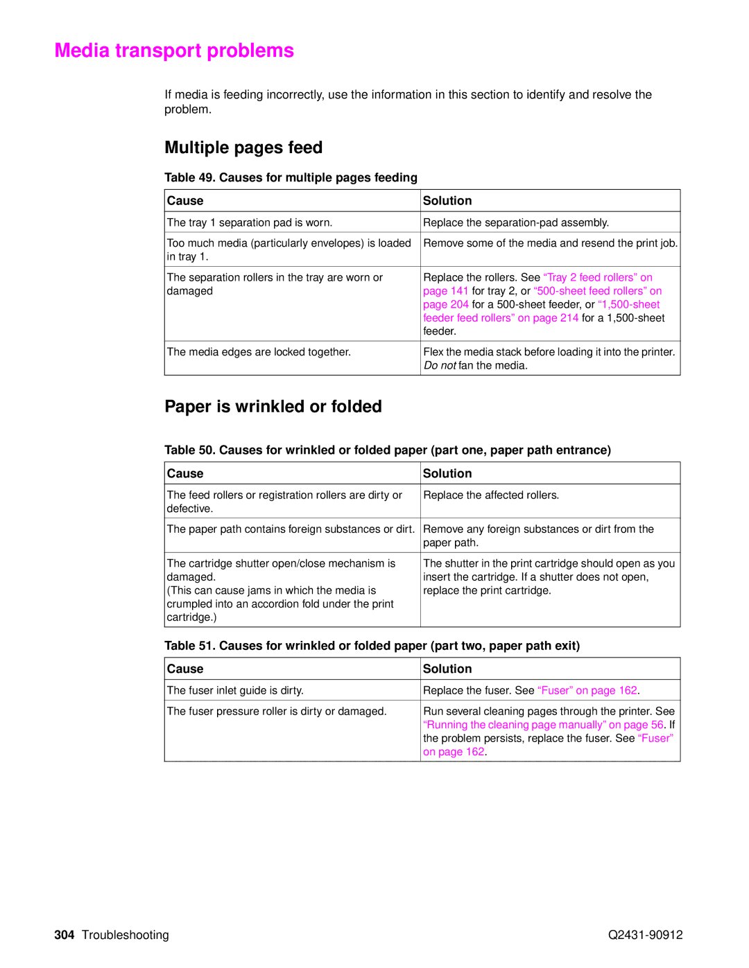 HP Pro 4300 C9H70UT C9H70UT#ABA Media transport problems, Multiple pages feed, Paper is wrinkled or folded, Cause Solution 