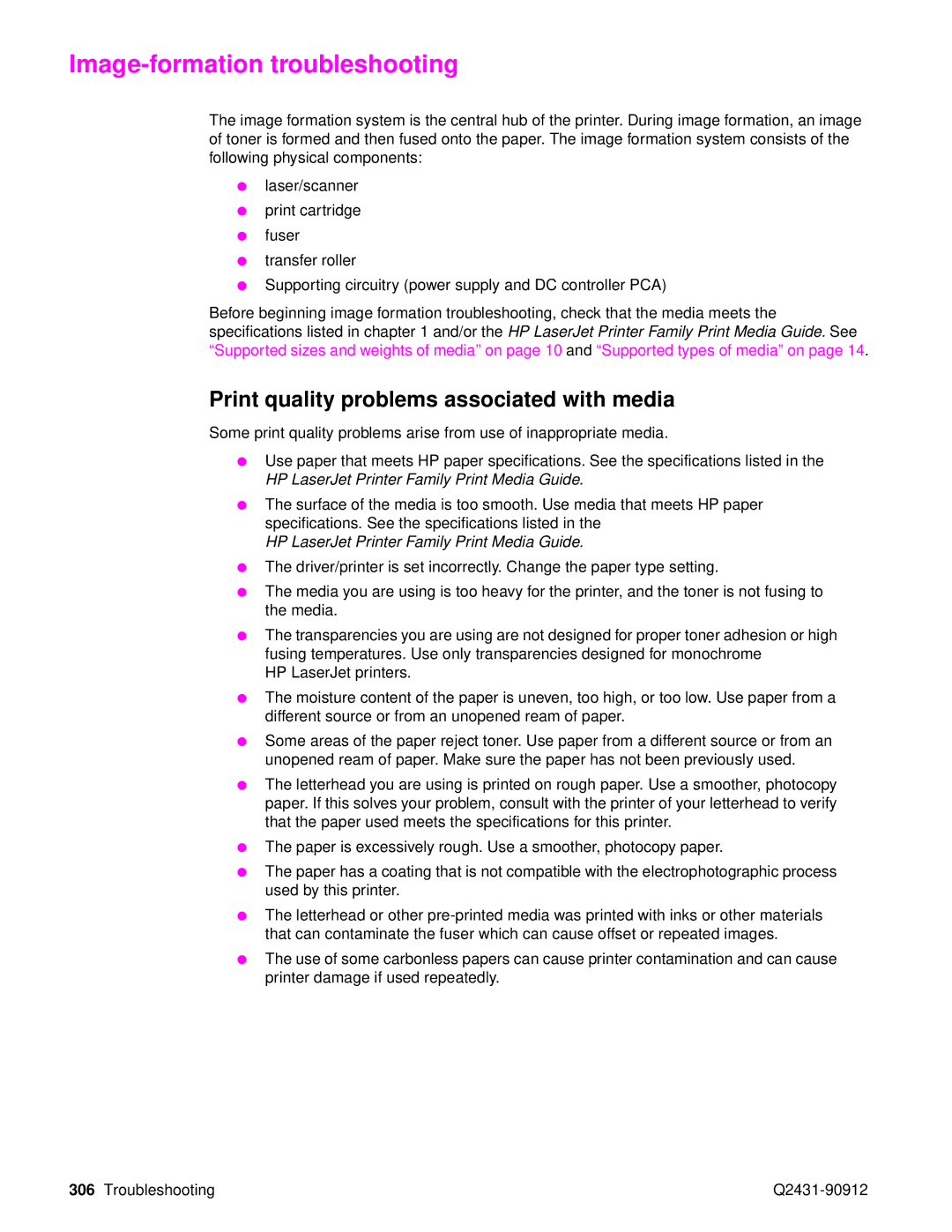 HP Pro 4300 C9H70UT C9H70UT#ABA manual Image-formation troubleshooting, Print quality problems associated with media 