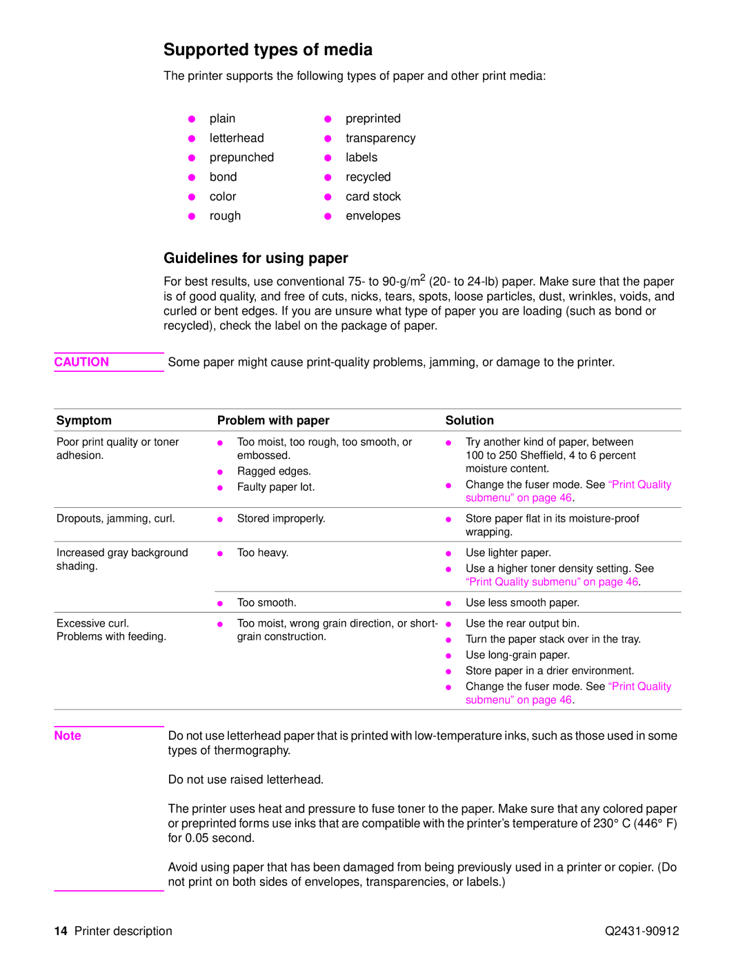 HP Pro 4300 C9H70UT C9H70UT#ABA Supported types of media, Guidelines for using paper, Symptom Problem with paper Solution 