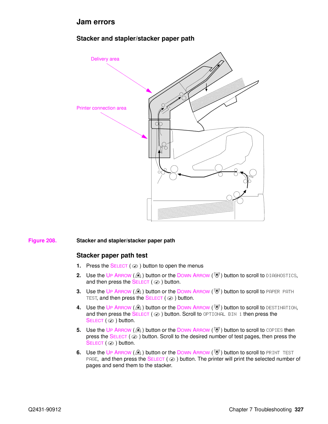 HP Pro 4300 C9H70UT C9H70UT#ABA manual Jam errors, Stacker and stapler/stacker paper path, Stacker paper path test 