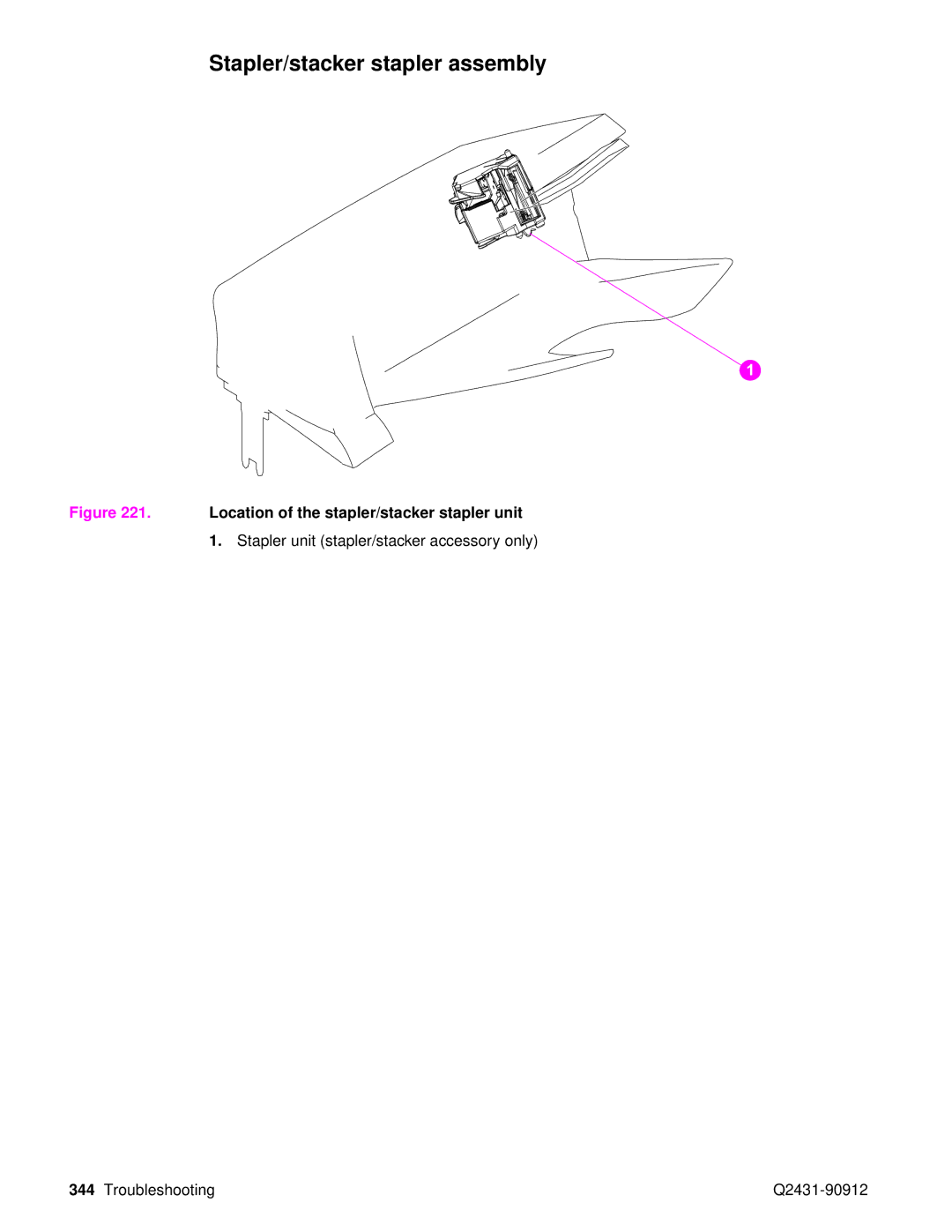 HP Pro 4300 C9H70UT C9H70UT#ABA manual Stapler/stacker stapler assembly, Location of the stapler/stacker stapler unit 