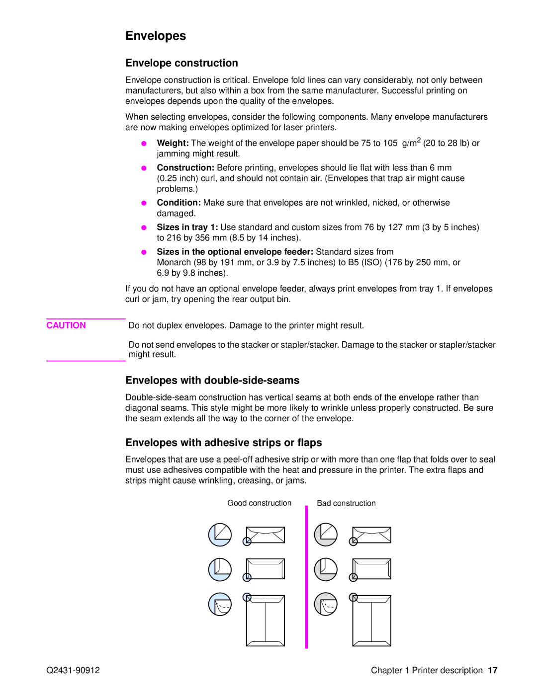 HP Pro 4300 C9H70UT C9H70UT#ABA manual Envelope construction, Envelopes with double-side-seams 