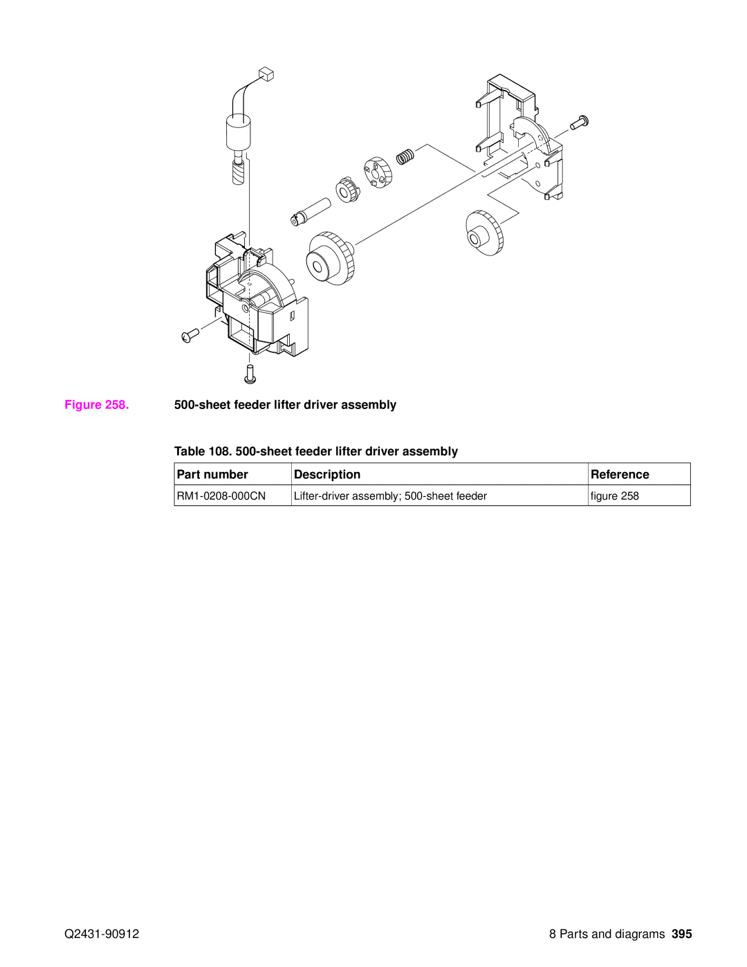 HP Pro 4300 C9H70UT C9H70UT#ABA manual RM1-0208-000CN Lifter-driver assembly 500-sheet feeder 