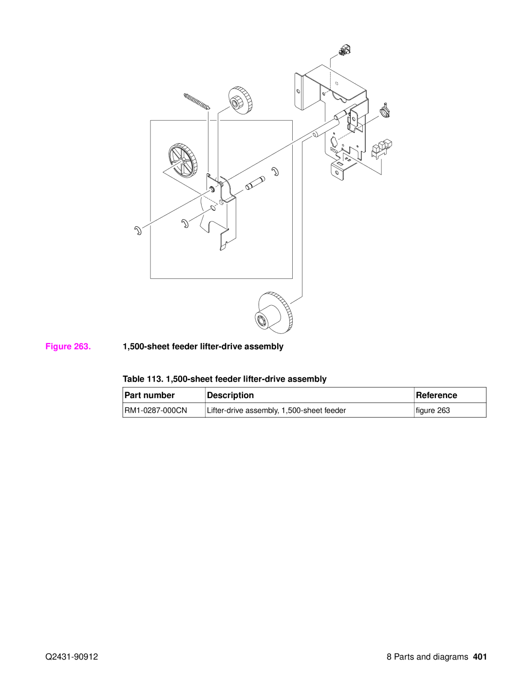 HP Pro 4300 C9H70UT C9H70UT#ABA manual RM1-0287-000CN Lifter-drive assembly, 1,500-sheet feeder 