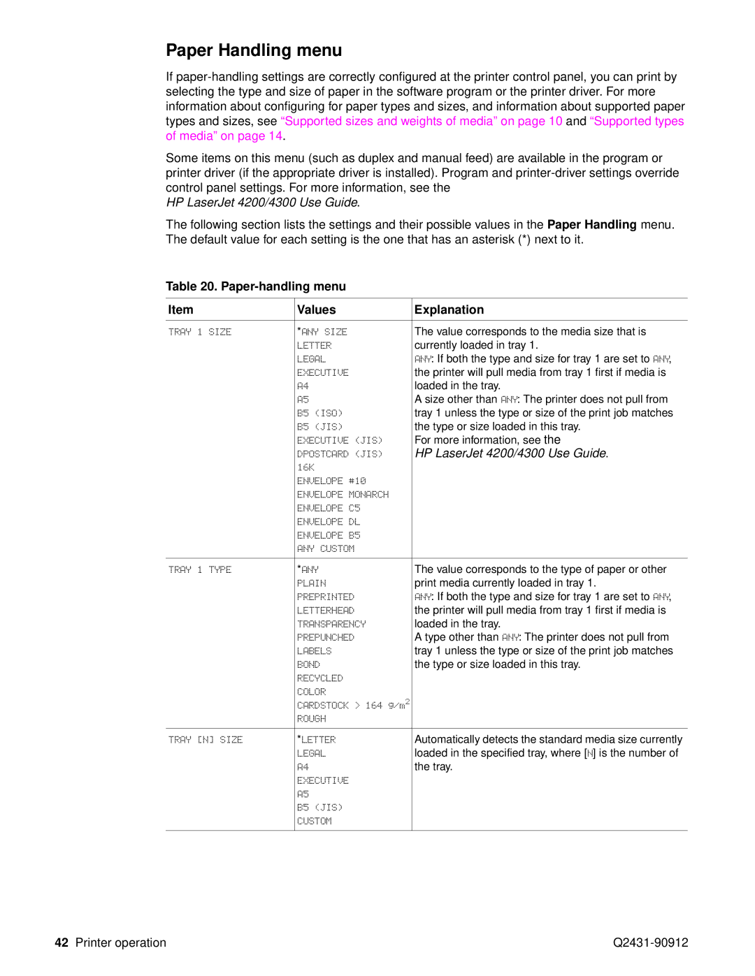 HP Pro 4300 C9H70UT C9H70UT#ABA manual Paper Handling menu, Paper-handling menu Values Explanation 