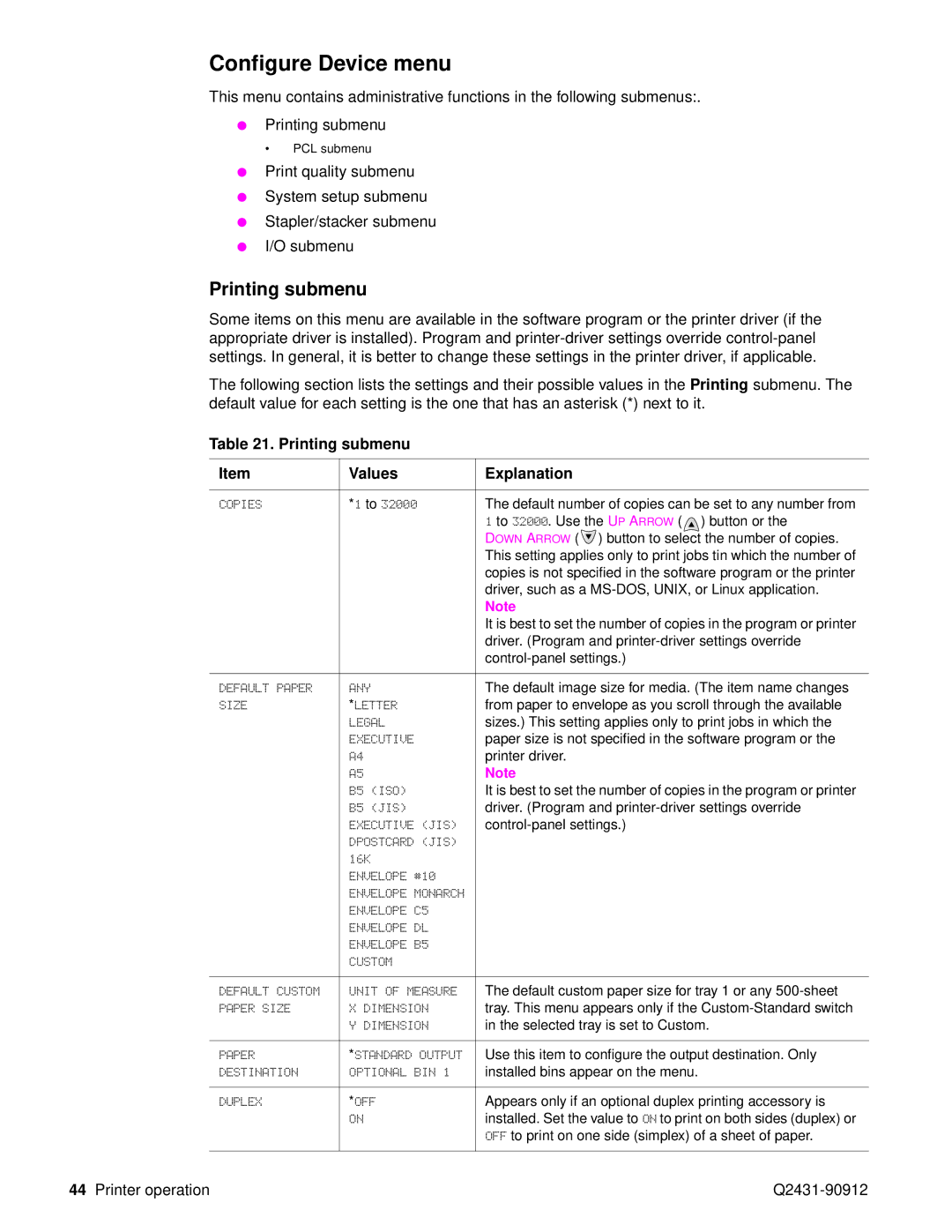 HP Pro 4300 C9H70UT C9H70UT#ABA manual Configure Device menu, Printing submenu Values Explanation 