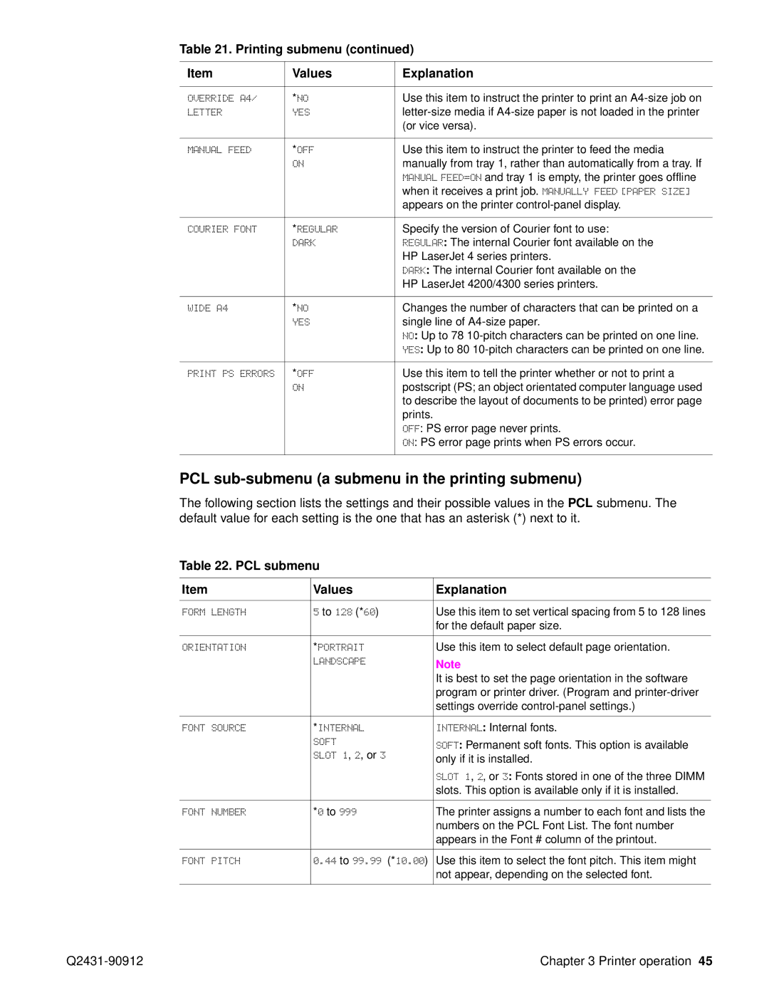 HP Pro 4300 C9H70UT C9H70UT#ABA manual PCL sub-submenu a submenu in the printing submenu, PCL submenu Values Explanation 