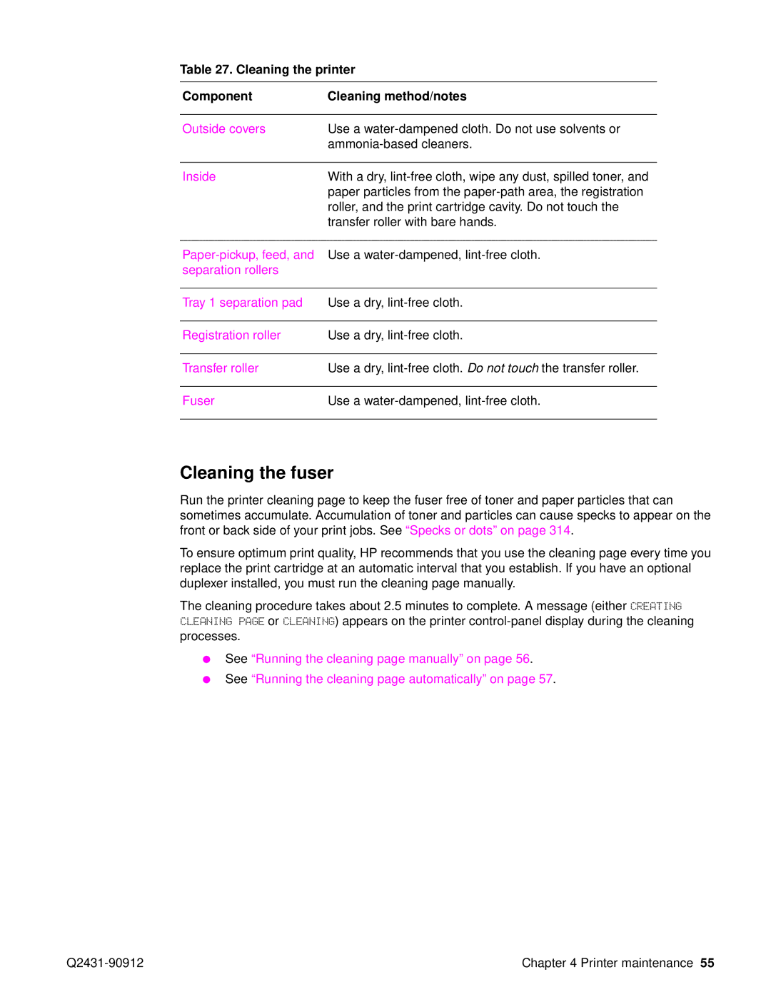 HP Pro 4300 C9H70UT C9H70UT#ABA manual Cleaning the fuser, Cleaning the printer Component Cleaning method/notes 