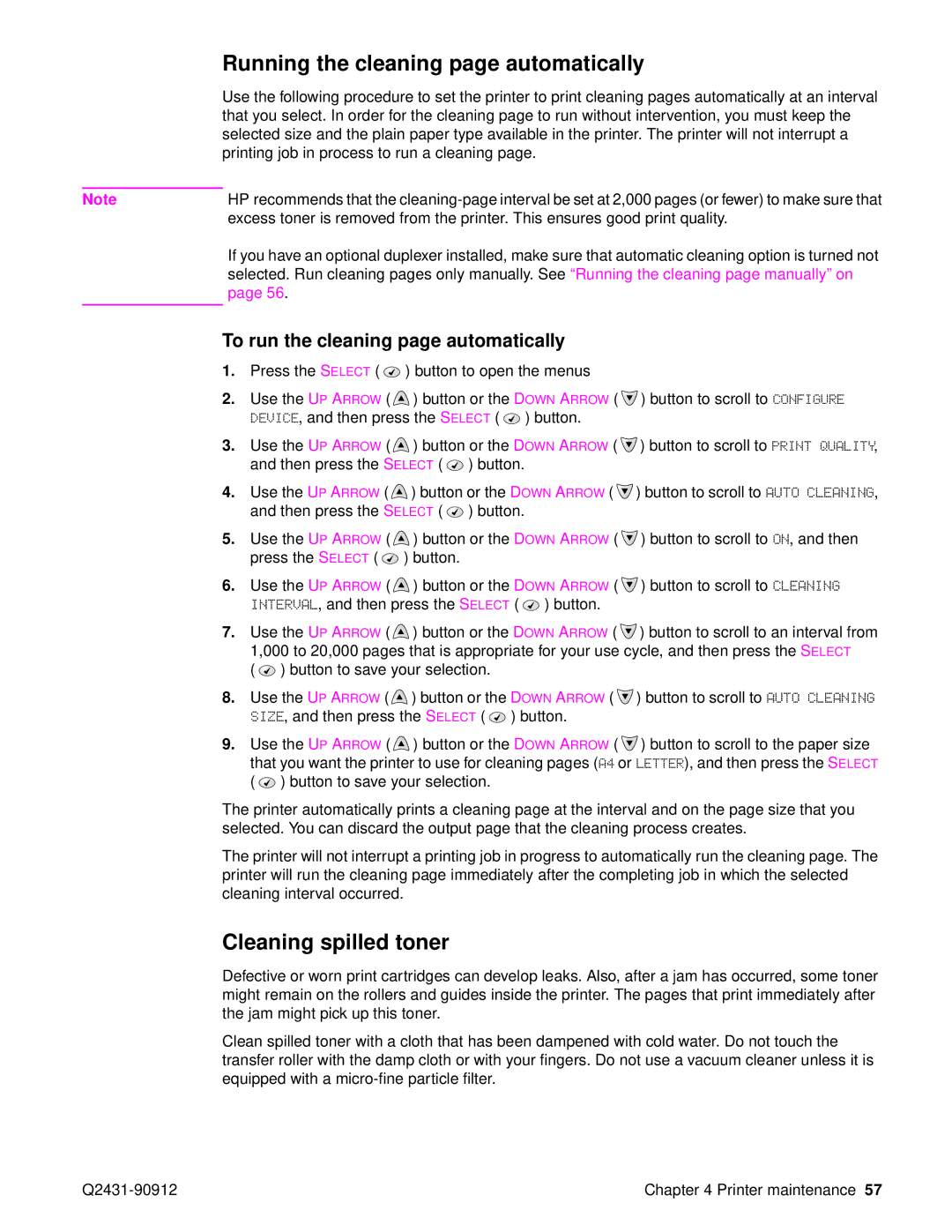 HP Pro 4300 C9H70UT C9H70UT#ABA manual Running the cleaning page automatically, Cleaning spilled toner 