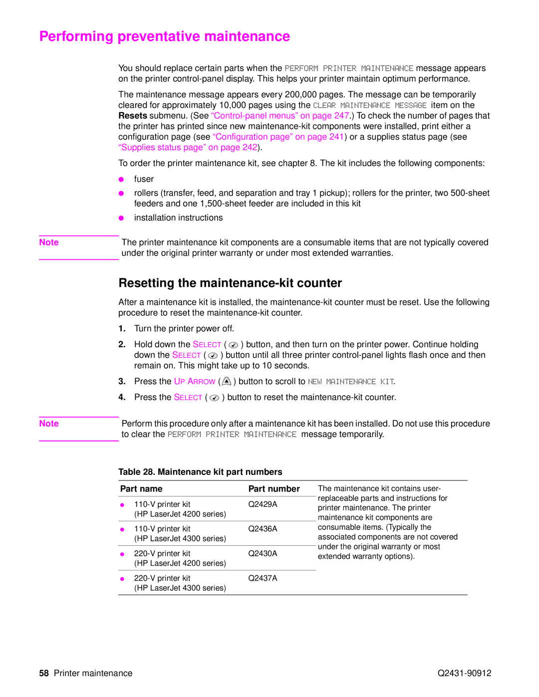 HP Pro 4300 C9H70UT C9H70UT#ABA manual Performing preventative maintenance, Resetting the maintenance-kit counter 