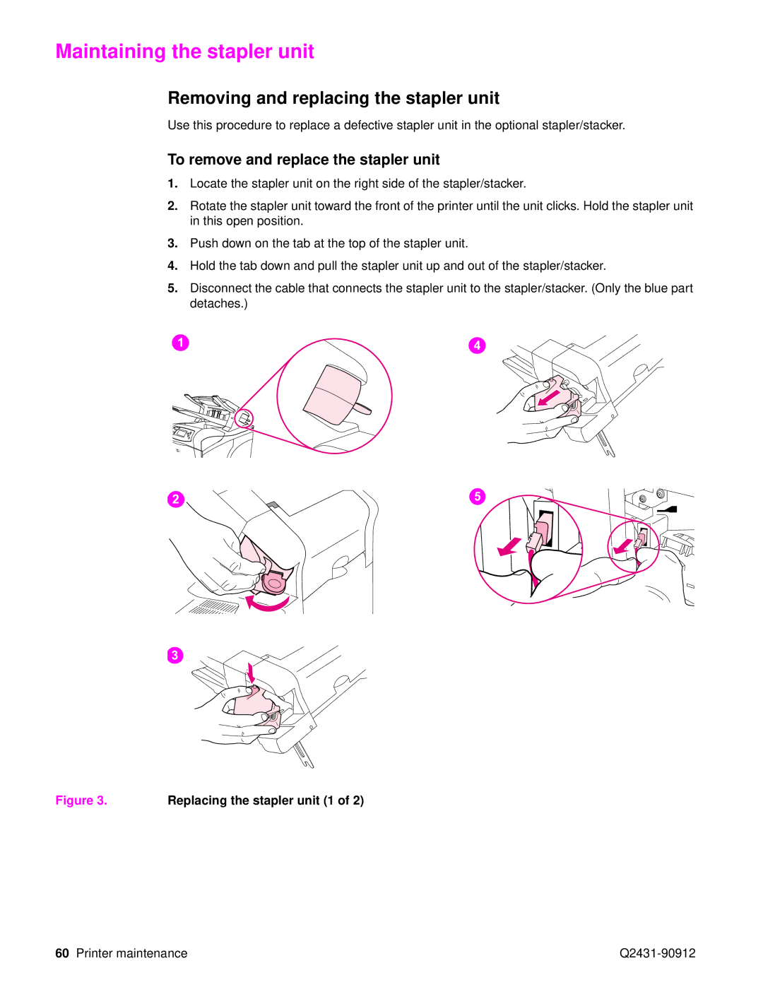 HP Pro 4300 C9H70UT C9H70UT#ABA manual Maintaining the stapler unit, Removing and replacing the stapler unit 