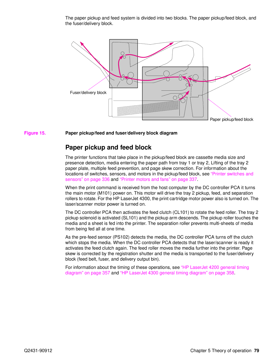 HP Pro 4300 C9H70UT C9H70UT#ABA manual Paper pickup and feed block, Paper pickup/feed and fuser/delivery block diagram 