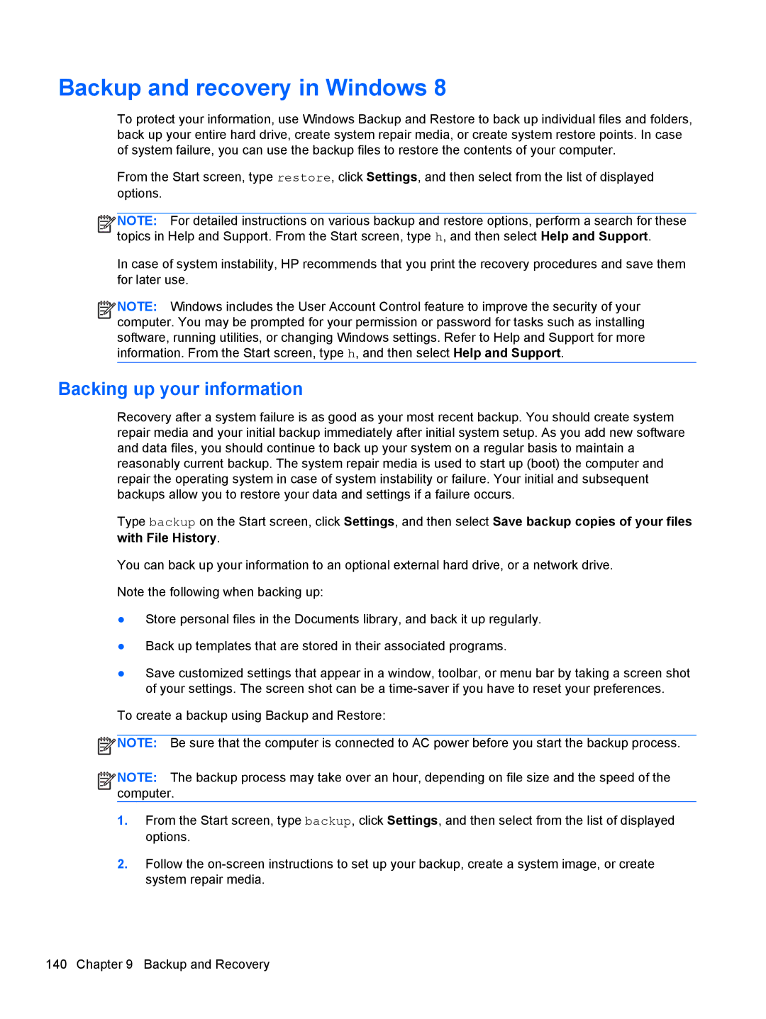 HP Pro 4300 manual Backup and recovery in Windows, Backing up your information 