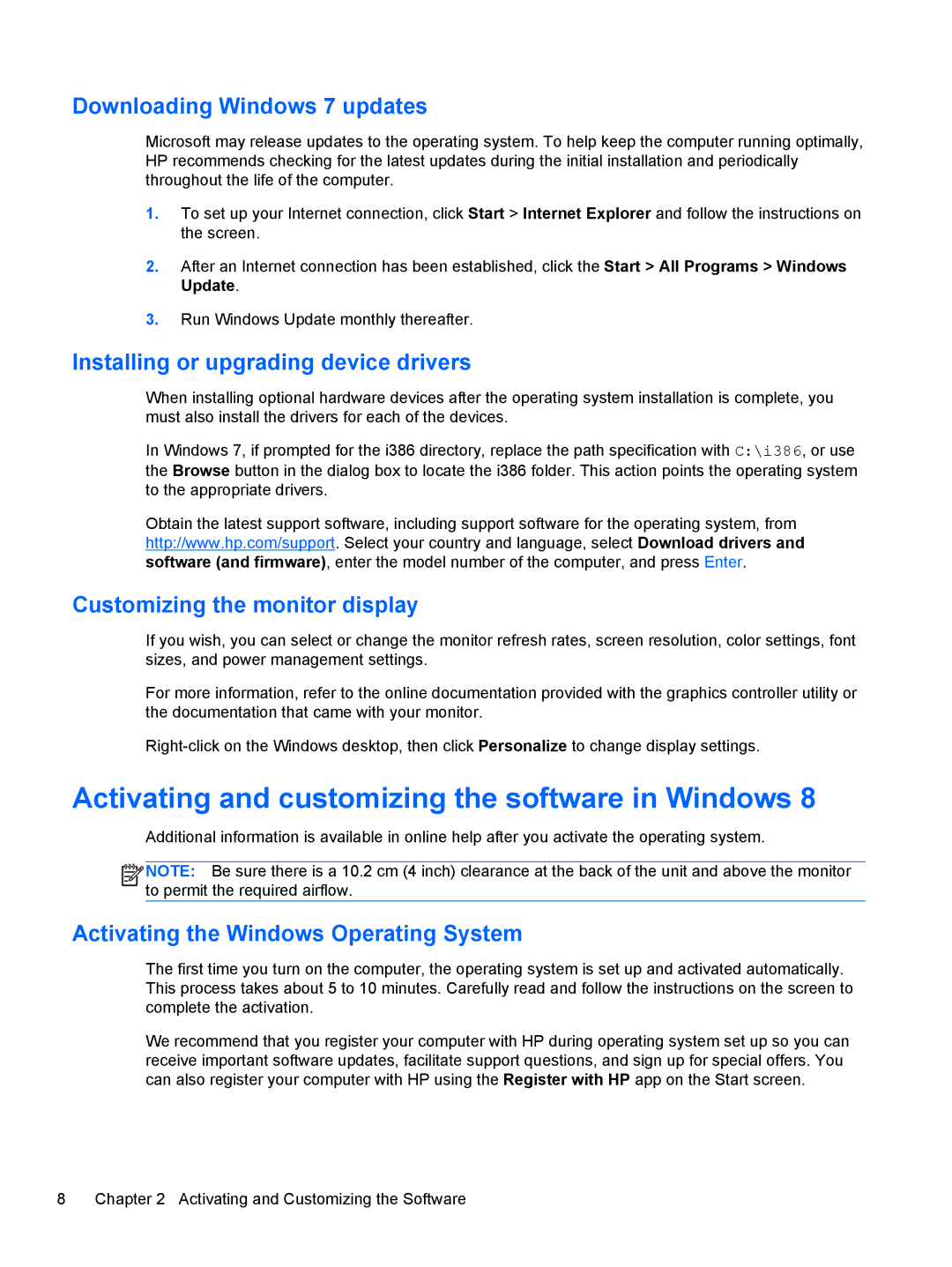 HP Pro 4300 manual Downloading Windows 7 updates, Installing or upgrading device drivers, Customizing the monitor display 