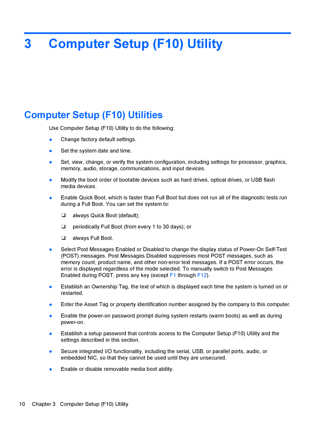 HP Pro 4300 manual Computer Setup F10 Utility, Computer Setup F10 Utilities 