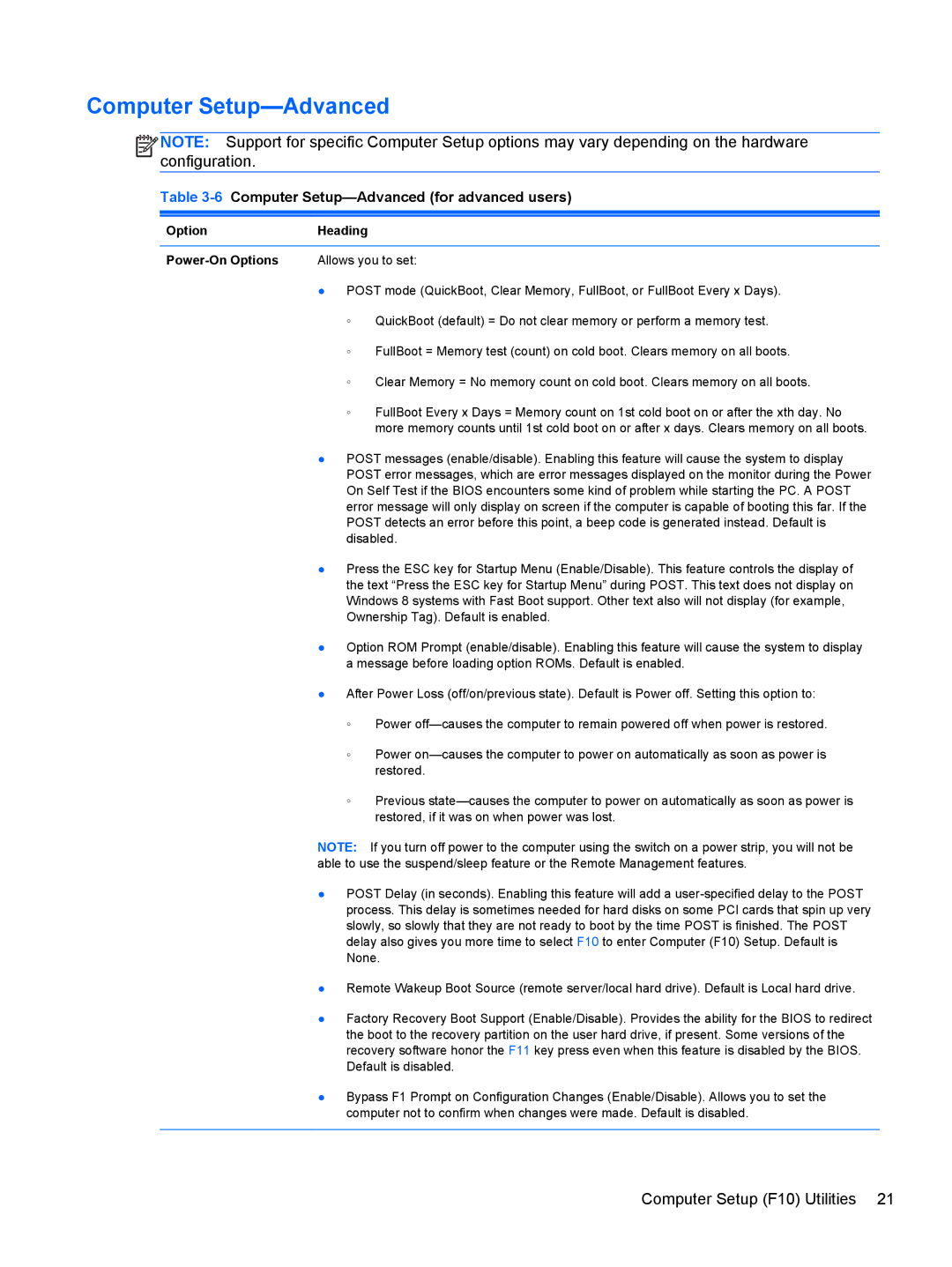 HP Pro 4300 manual 6Computer Setup-Advanced for advanced users, Option Heading Power-On Options 