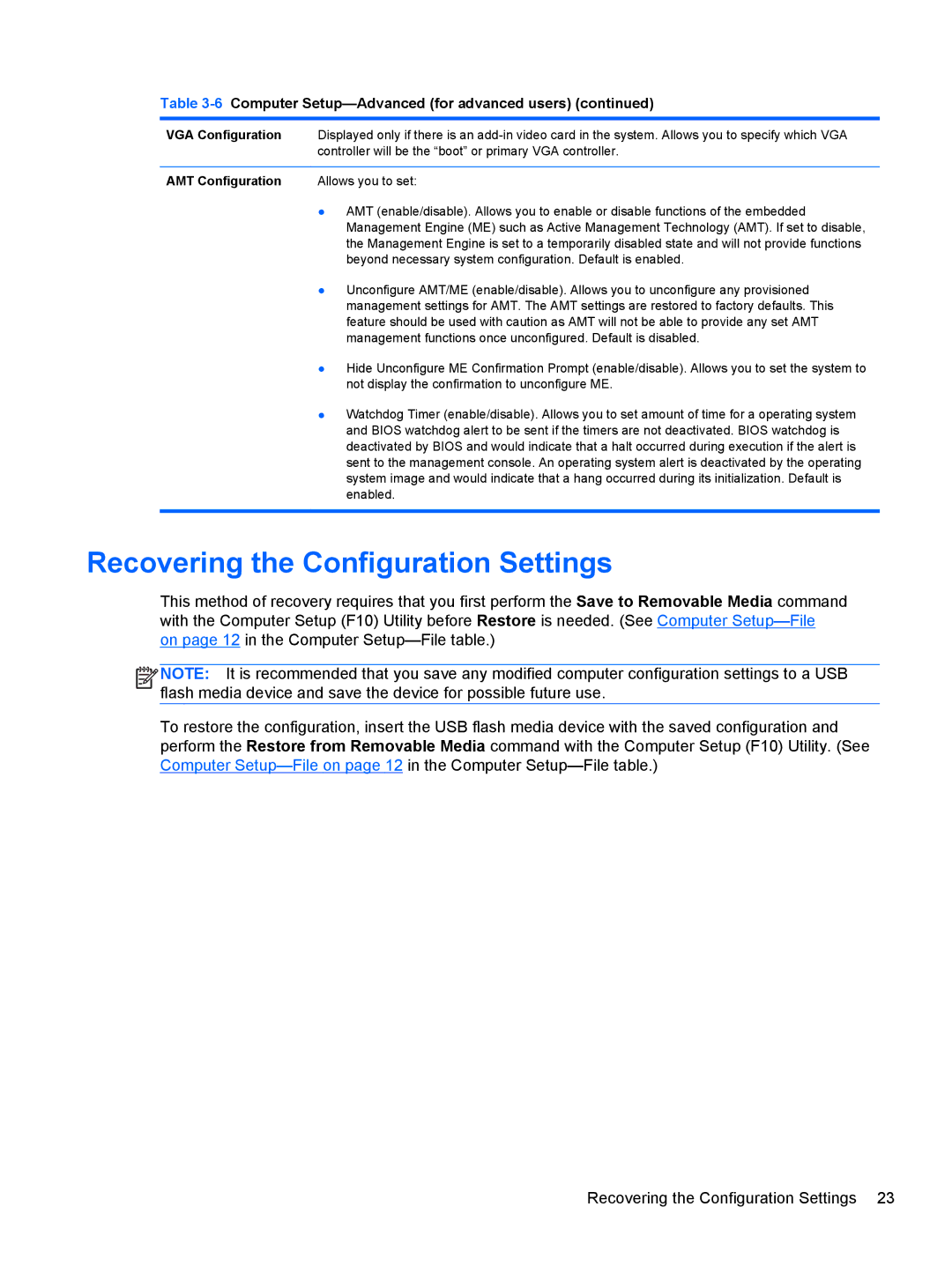 HP Pro 4300 manual Recovering the Configuration Settings, VGA Configuration, AMT Configuration 