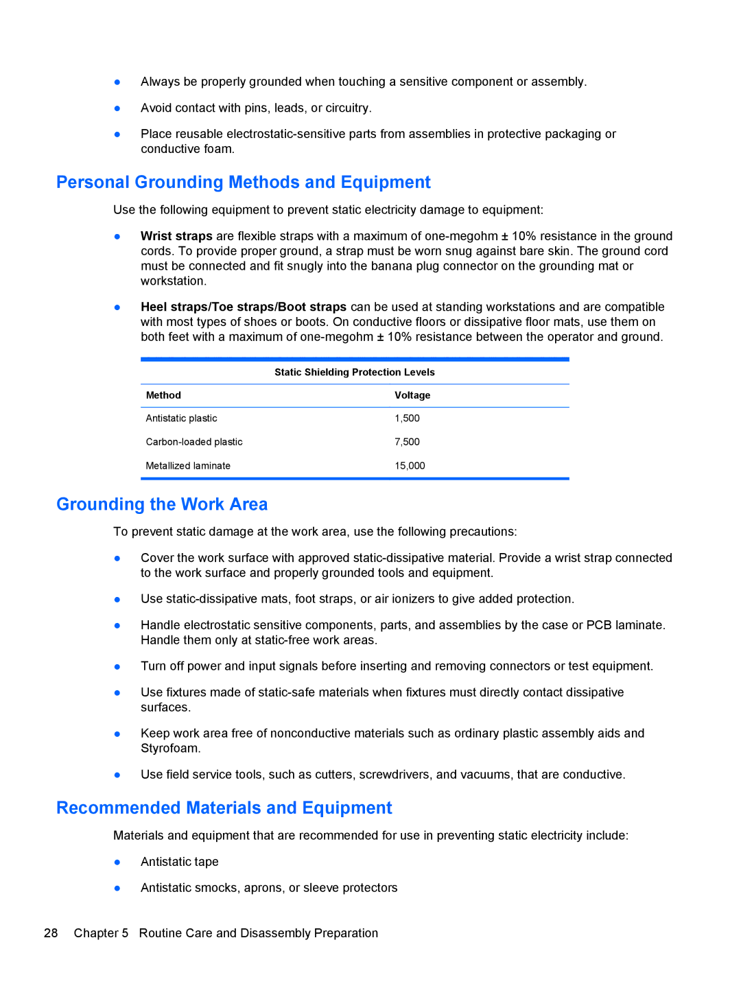 HP Pro 4300 manual Personal Grounding Methods and Equipment, Grounding the Work Area, Recommended Materials and Equipment 