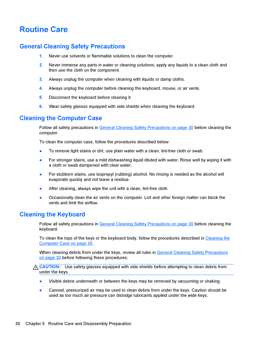 HP Pro 4300 manual Routine Care, General Cleaning Safety Precautions, Cleaning the Computer Case, Cleaning the Keyboard 