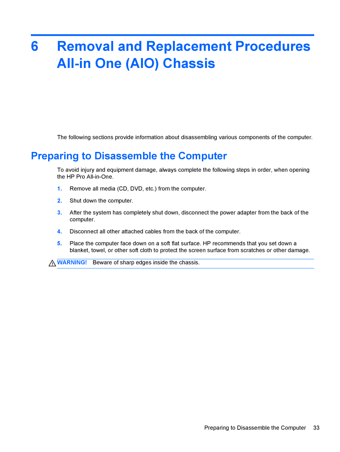 HP Pro 4300 manual Removal and Replacement Procedures All-in One AIO Chassis, Preparing to Disassemble the Computer 