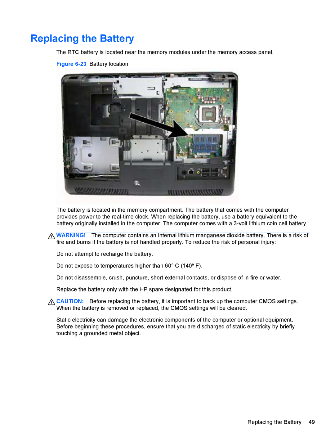 HP Pro 4300 manual Replacing the Battery 