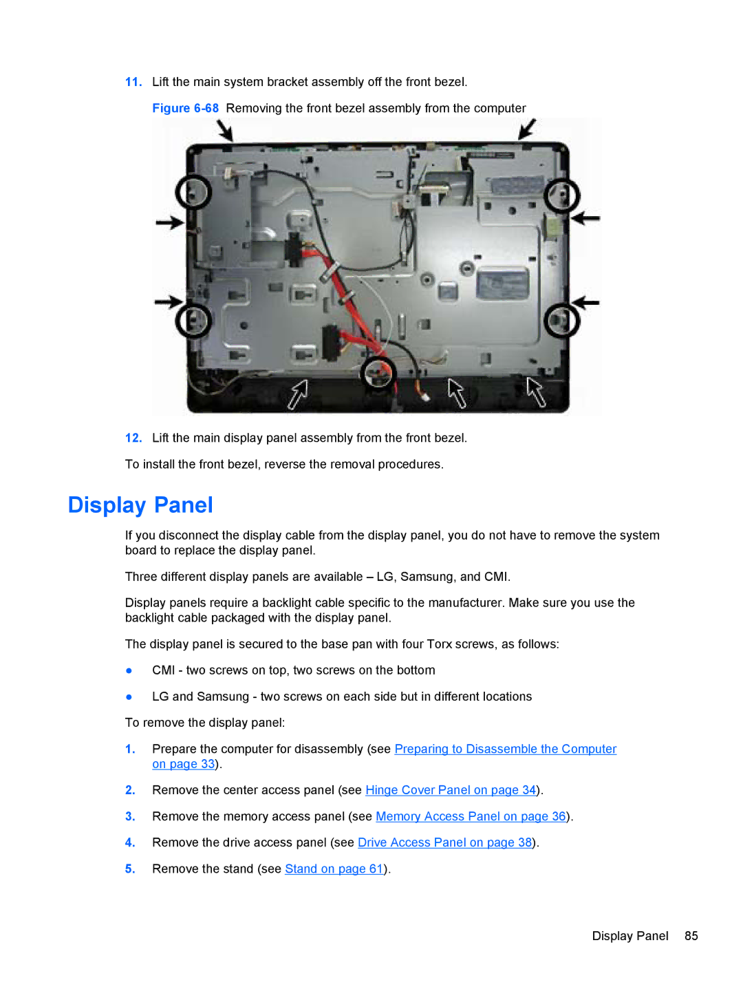 HP Pro 4300 manual Display Panel, Lift the main system bracket assembly off the front bezel 