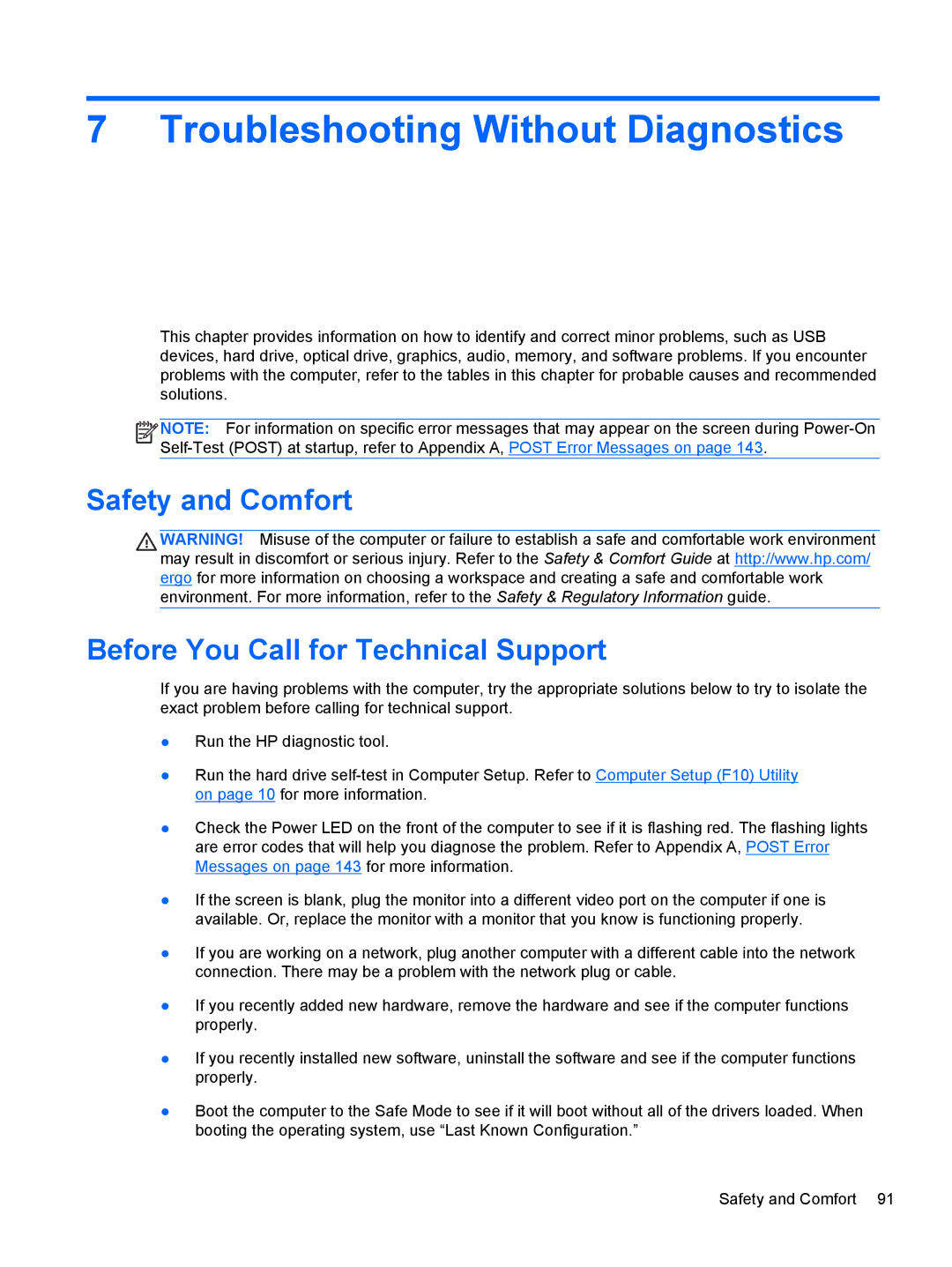 HP Pro 4300 manual Troubleshooting Without Diagnostics, Safety and Comfort Before You Call for Technical Support 