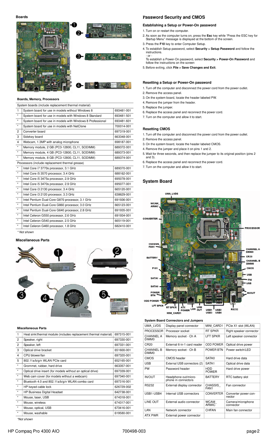 HP Pro 4300 manual Password Security and Cmos, System Board 