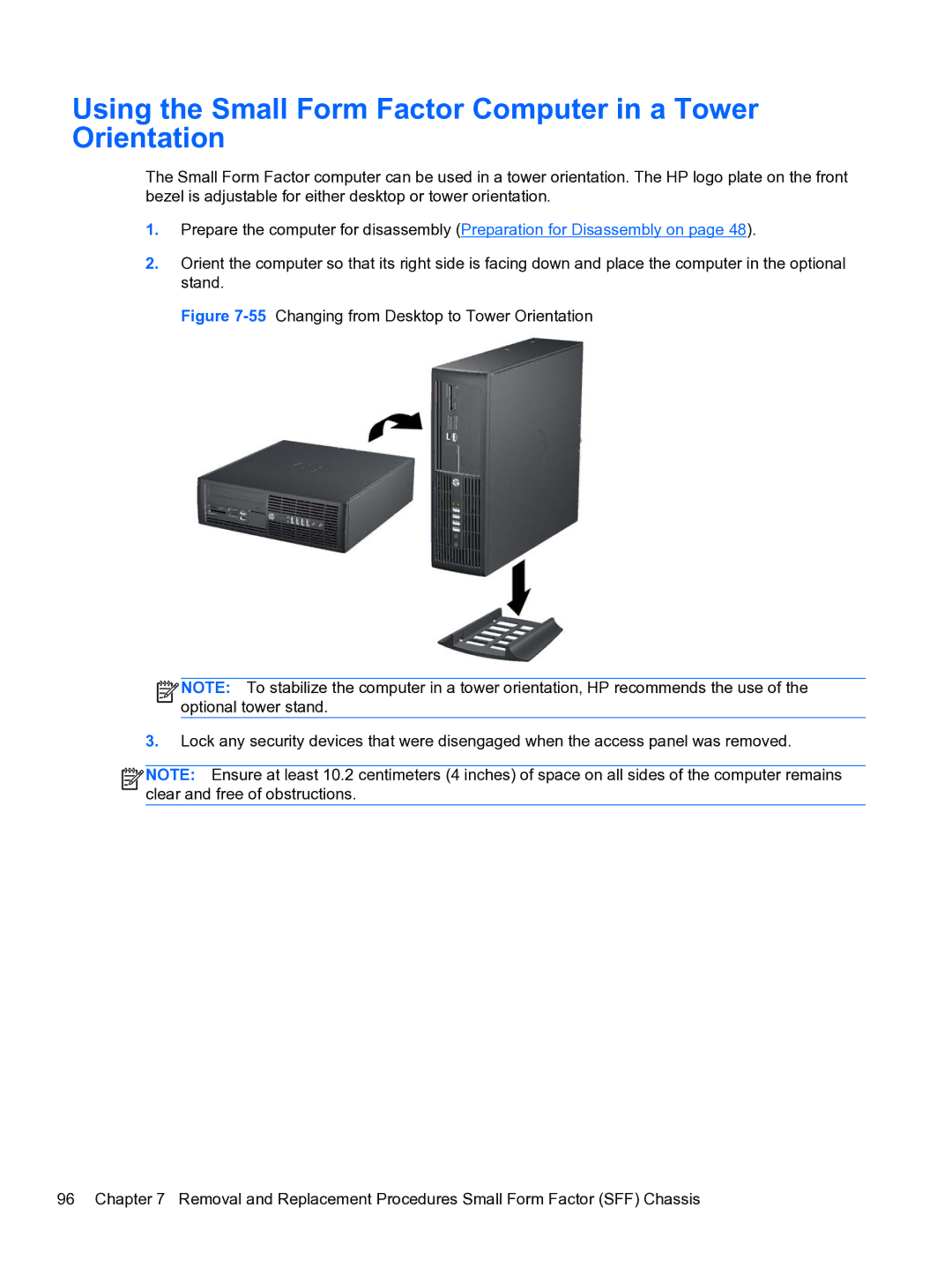 HP Pro 4300 manual Using the Small Form Factor Computer in a Tower Orientation 