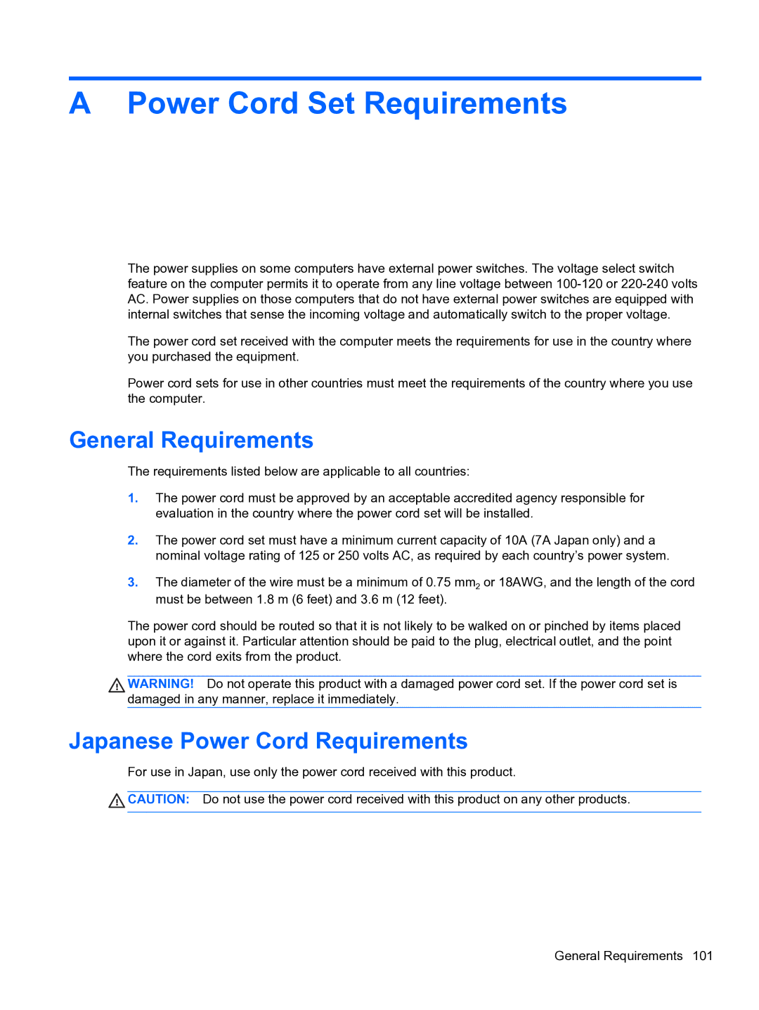 HP Pro 4300 manual Power Cord Set Requirements, General Requirements, Japanese Power Cord Requirements 