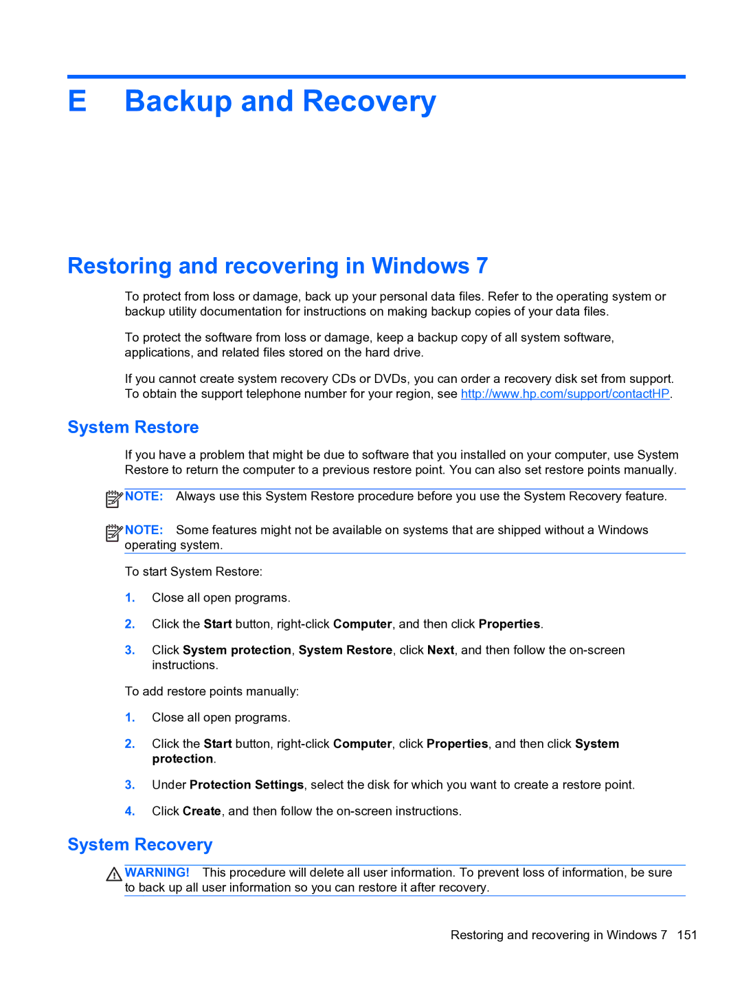HP Pro 4300 manual Backup and Recovery, Restoring and recovering in Windows, System Restore, System Recovery 