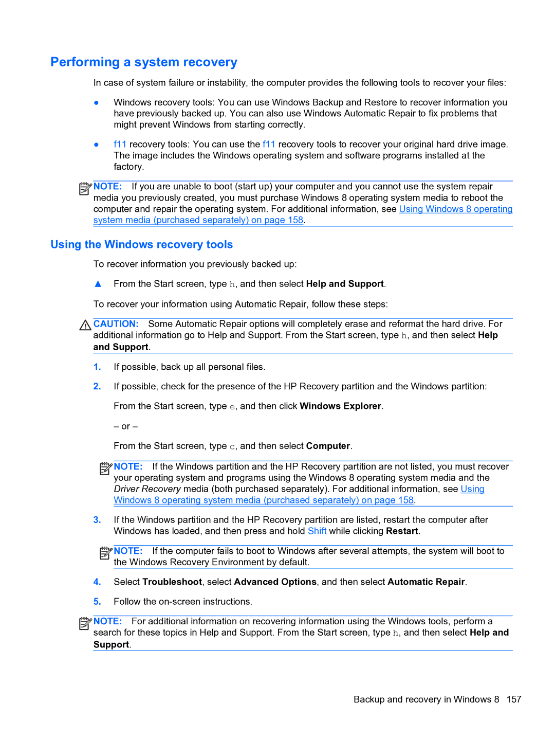 HP Pro 4300 manual Performing a system recovery, Using the Windows recovery tools 