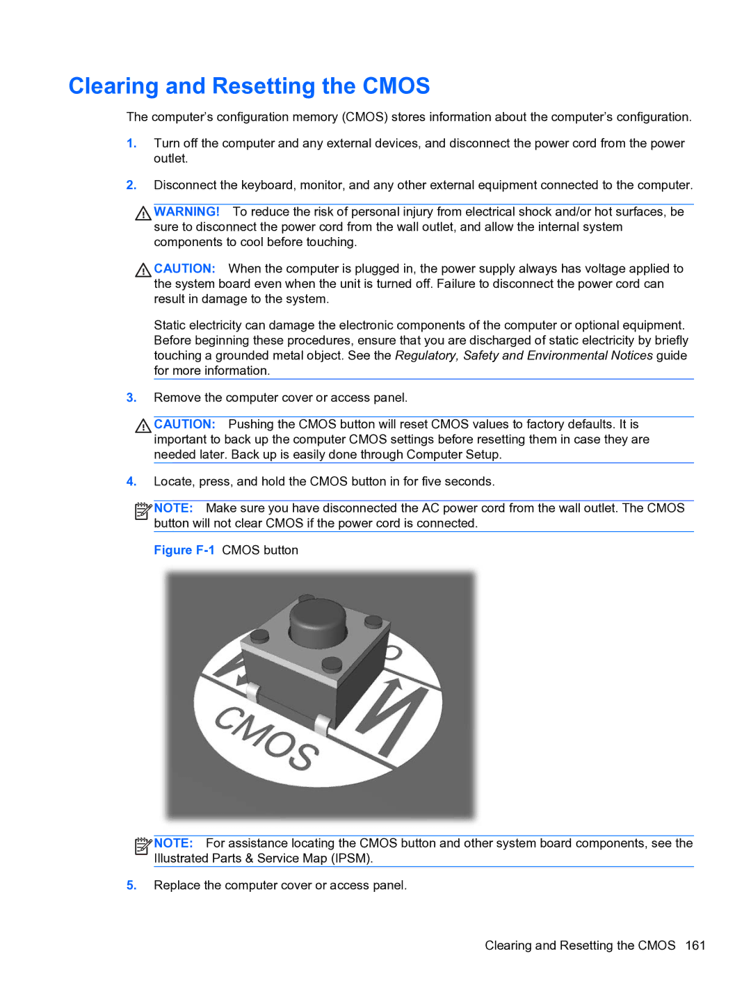 HP Pro 4300 manual Clearing and Resetting the Cmos, Figure F-1 Cmos button 