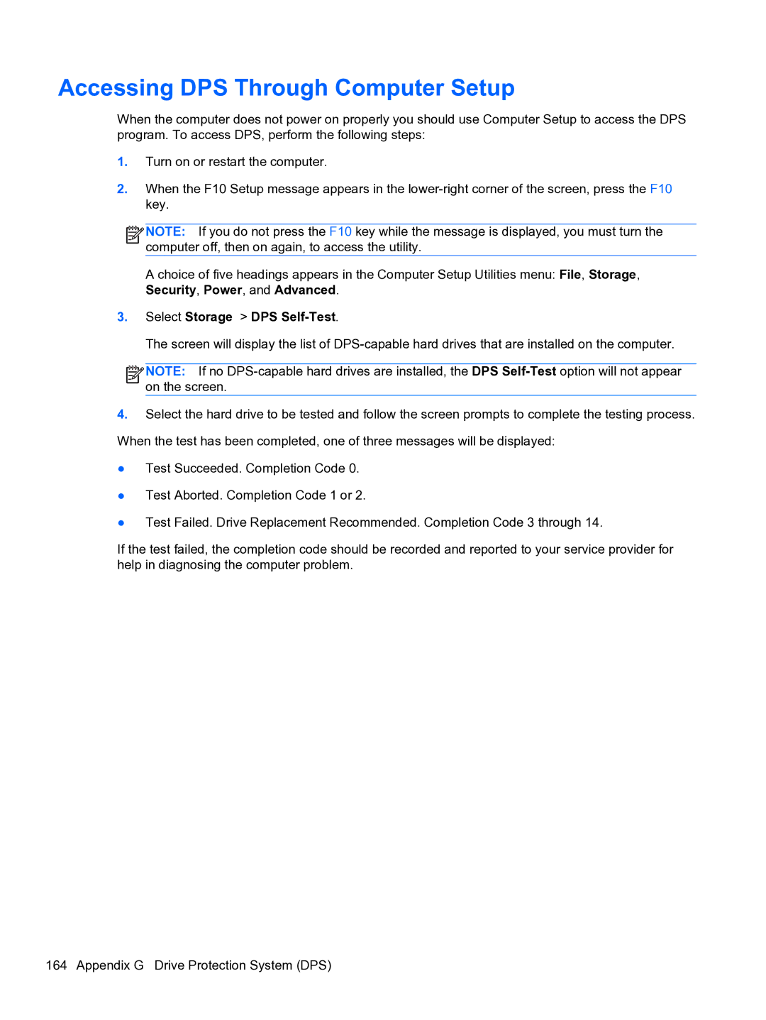 HP Pro 4300 manual Accessing DPS Through Computer Setup, Select Storage DPS Self-Test 