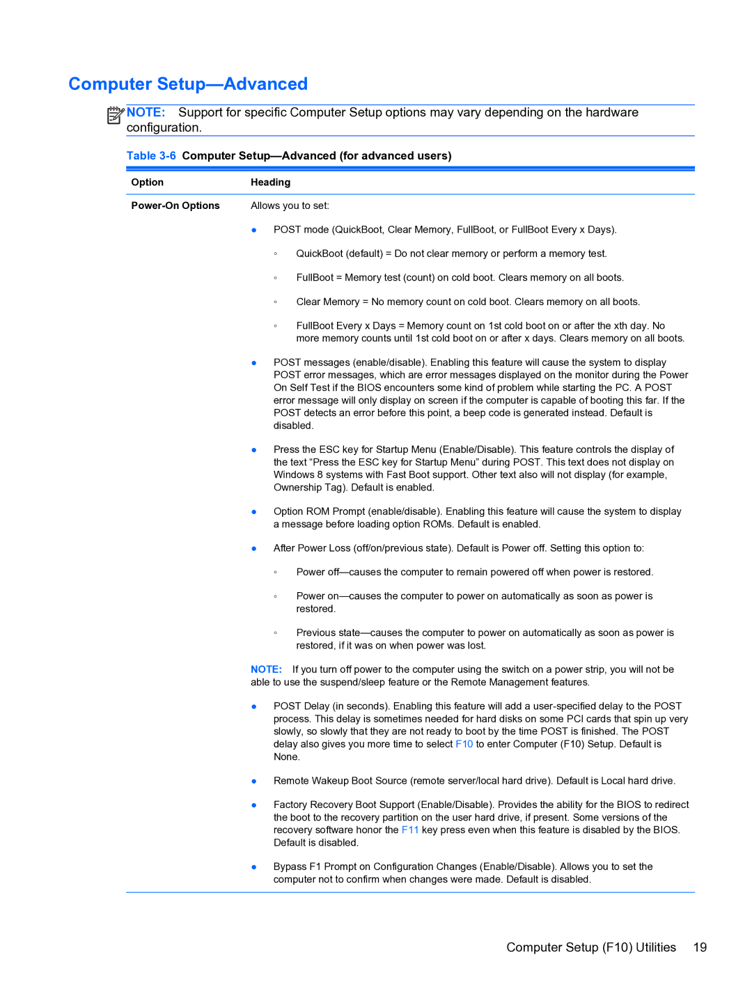 HP Pro 4300 manual 6Computer Setup-Advanced for advanced users, Option Heading Power-On Options 