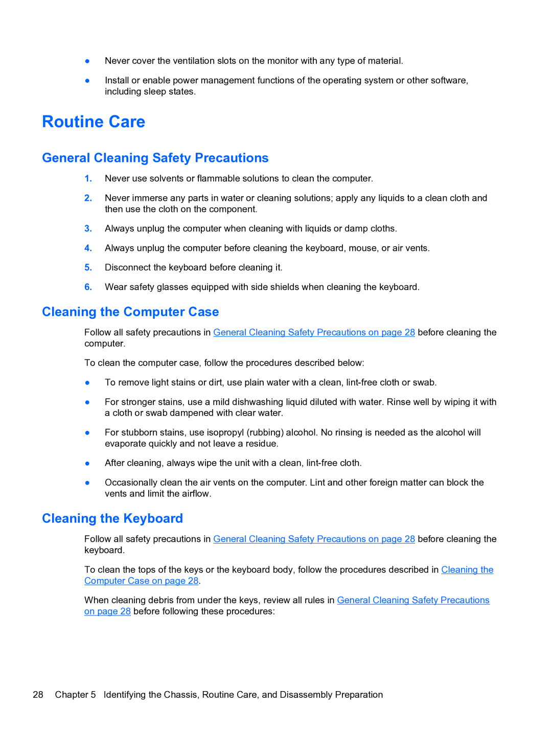 HP Pro 4300 manual Routine Care, General Cleaning Safety Precautions, Cleaning the Computer Case, Cleaning the Keyboard 