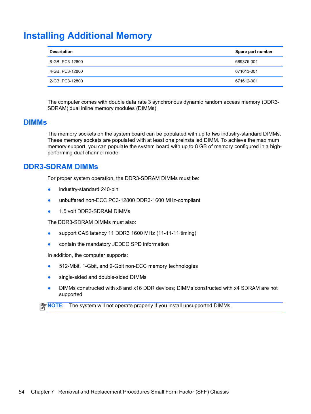 HP Pro 4300 manual Installing Additional Memory, DDR3-SDRAM DIMMs 