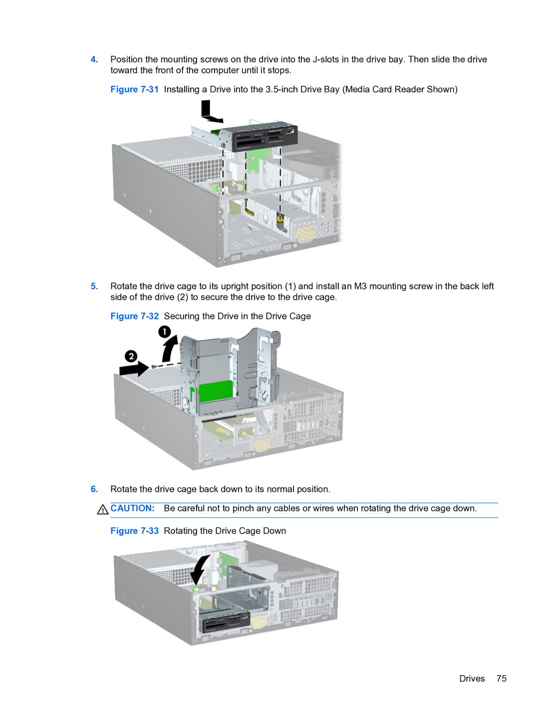 HP Pro 4300 manual 33Rotating the Drive Cage Down Drives 