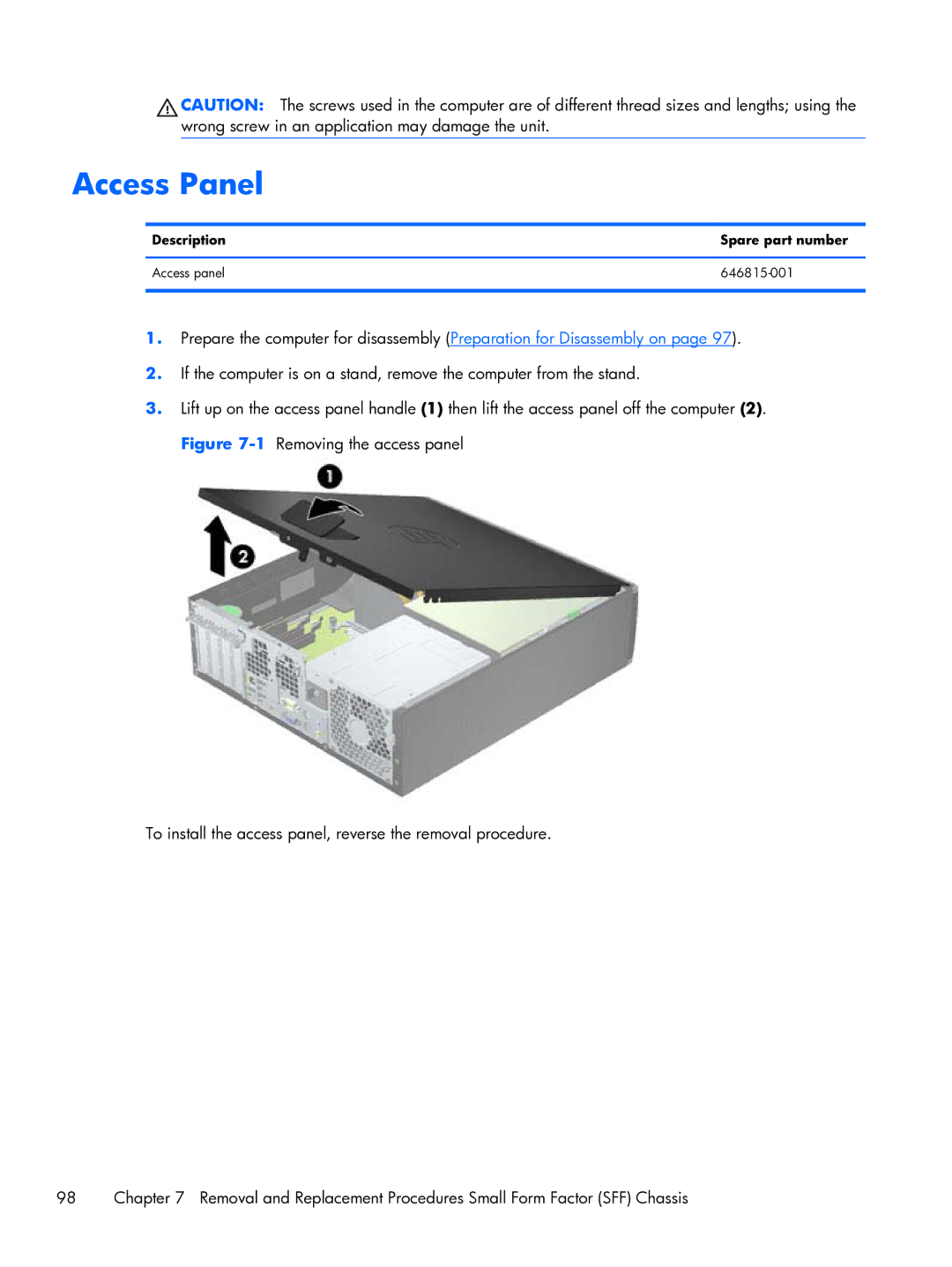 HP Pro 6300 manual Access Panel, Description Spare part number Access panel 646815-001 