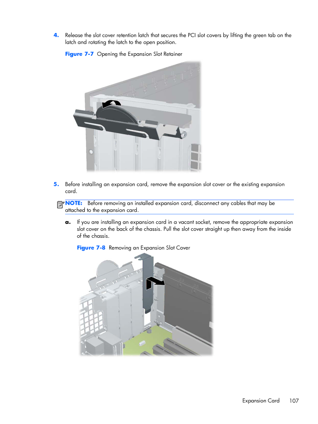 HP Pro 6300 manual 8Removing an Expansion Slot Cover Expansion Card 