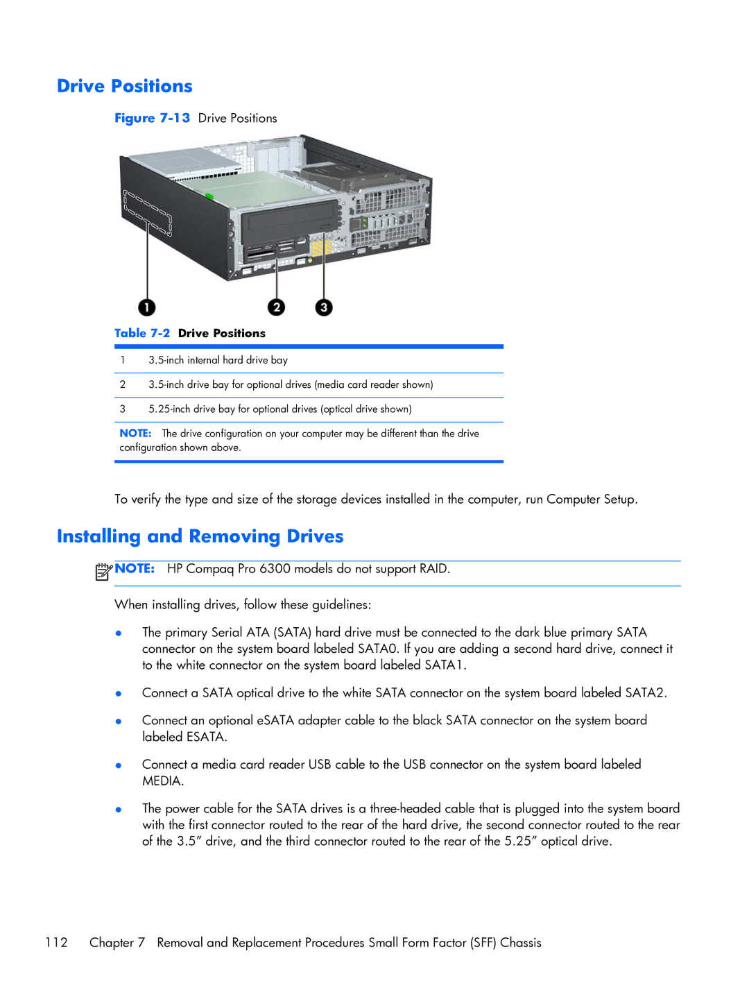 HP Pro 6300 manual Installing and Removing Drives, 13Drive Positions 