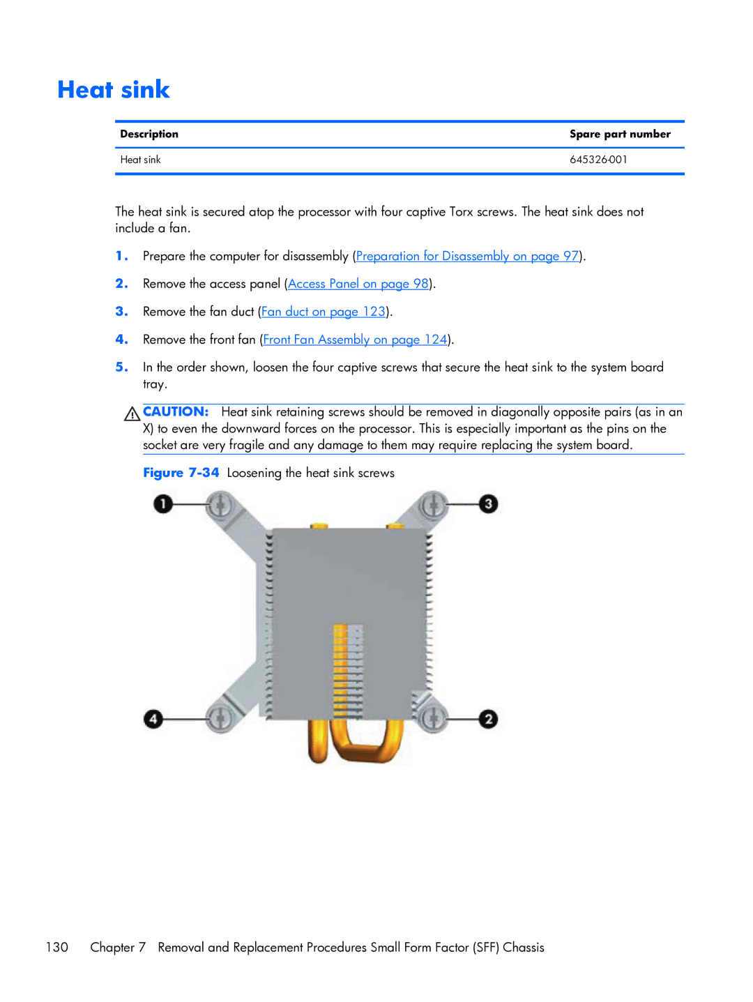 HP Pro 6300 manual 34Loosening the heat sink screws 130 