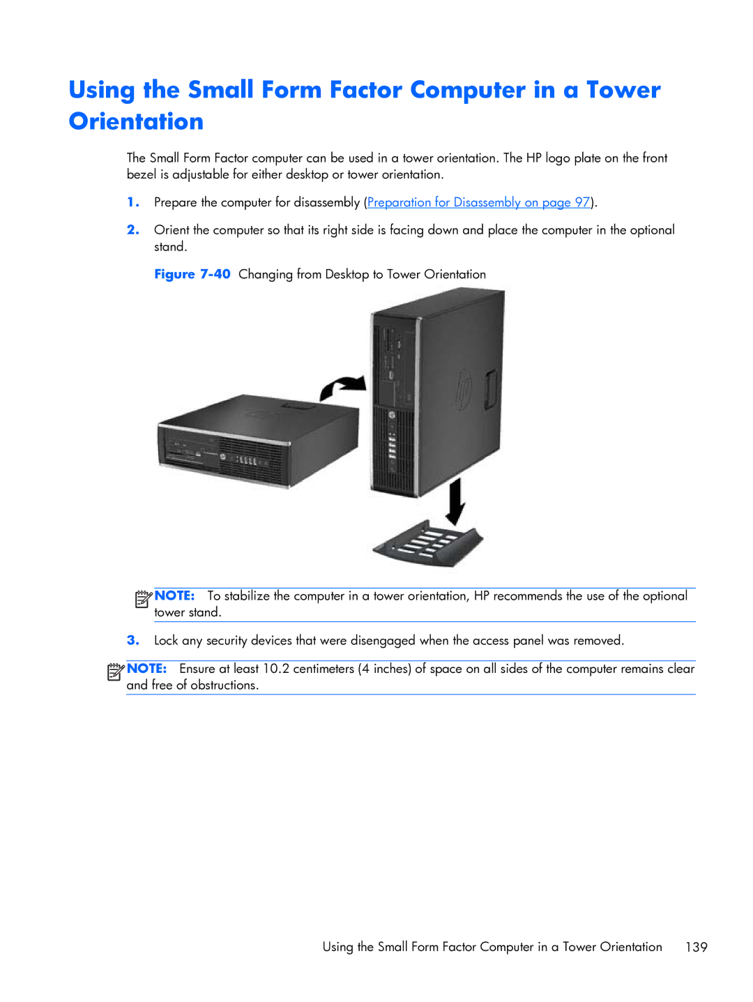 HP Pro 6300 manual Using the Small Form Factor Computer in a Tower Orientation 