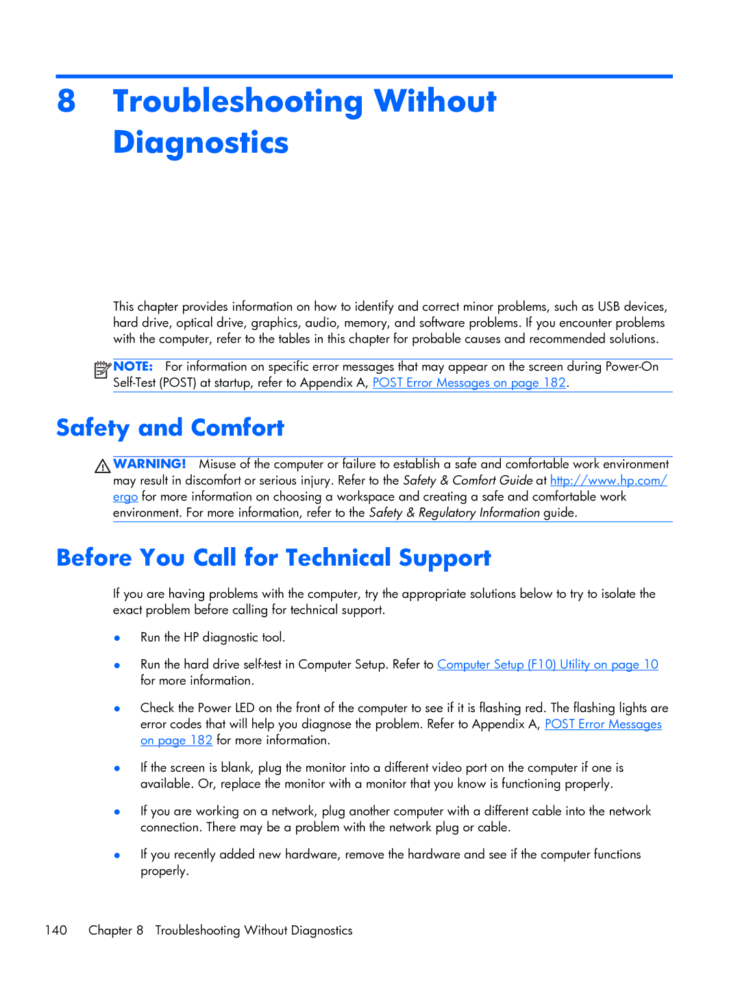 HP Pro 6300 manual Troubleshooting Without Diagnostics, Safety and Comfort Before You Call for Technical Support 