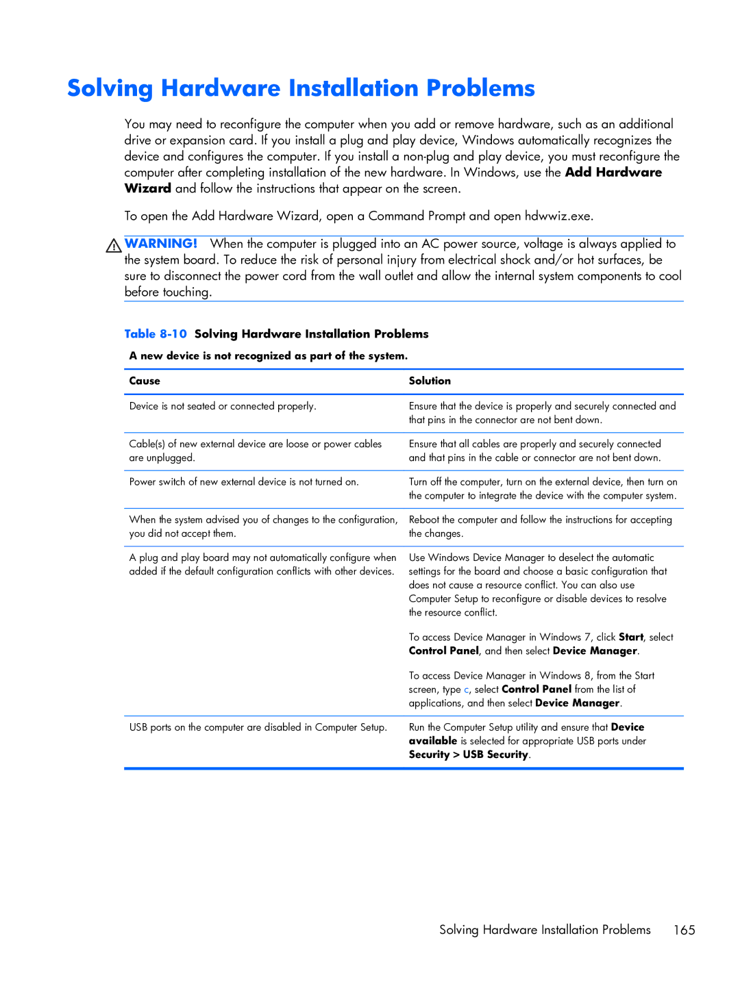 HP Pro 6300 manual Solving Hardware Installation Problems 165, 10Solving Hardware Installation Problems 