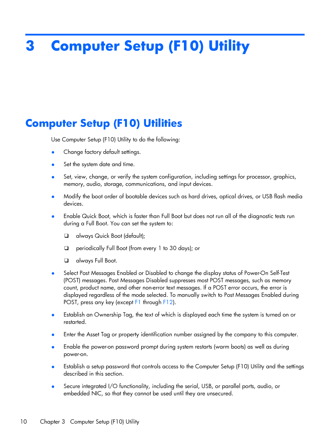 HP Pro 6300 manual Computer Setup F10 Utility, Computer Setup F10 Utilities 