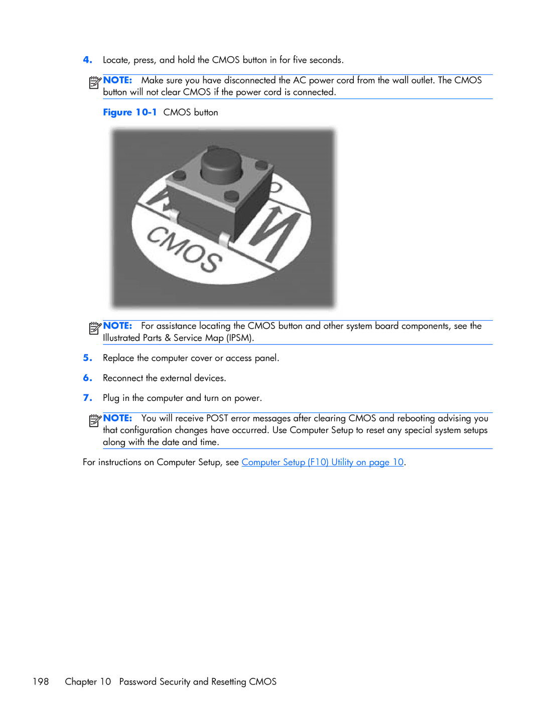 HP Pro 6300 manual Locate, press, and hold the Cmos button in for five seconds 