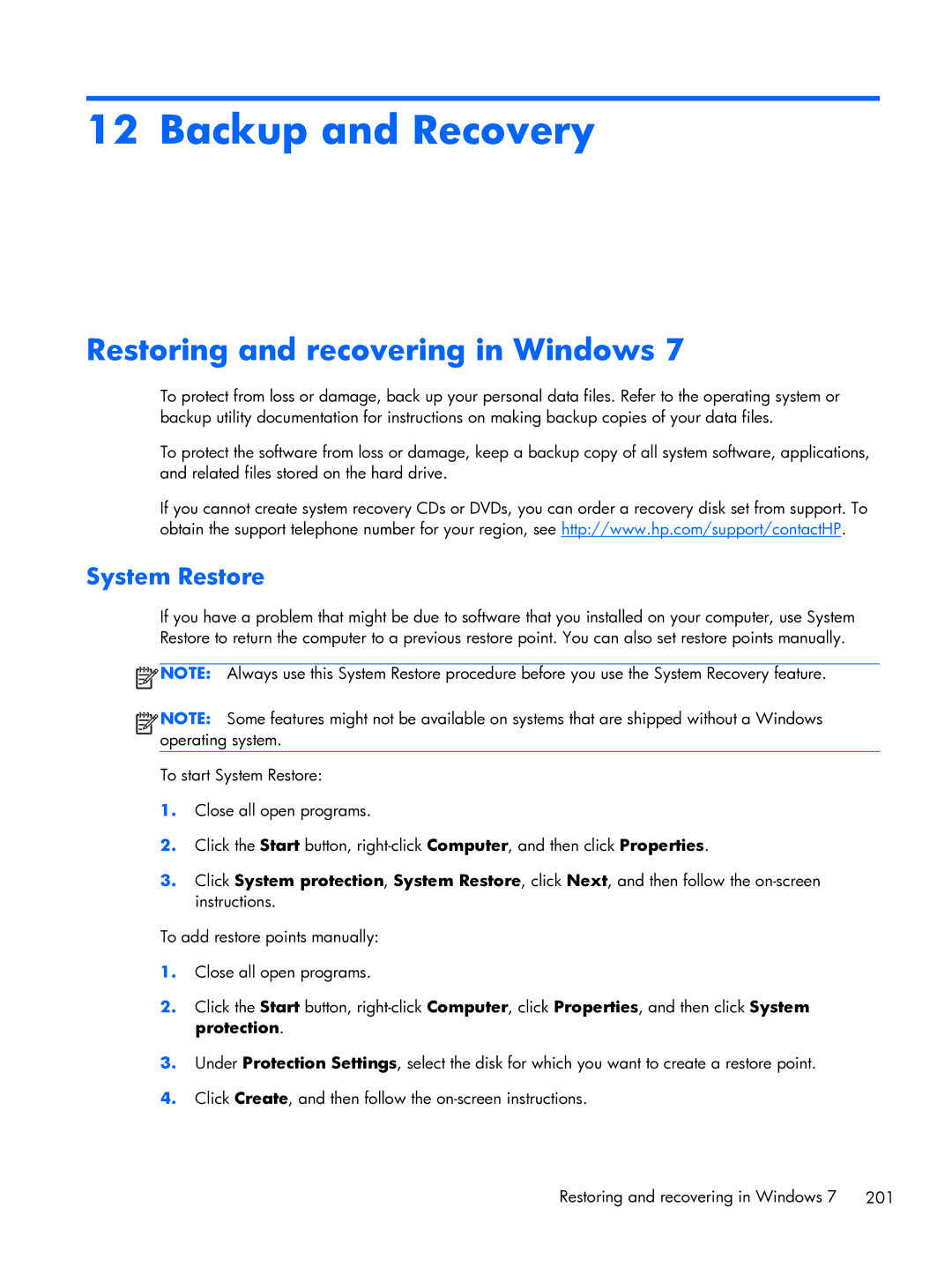 HP Pro 6300 manual Backup and Recovery, Restoring and recovering in Windows, System Restore 