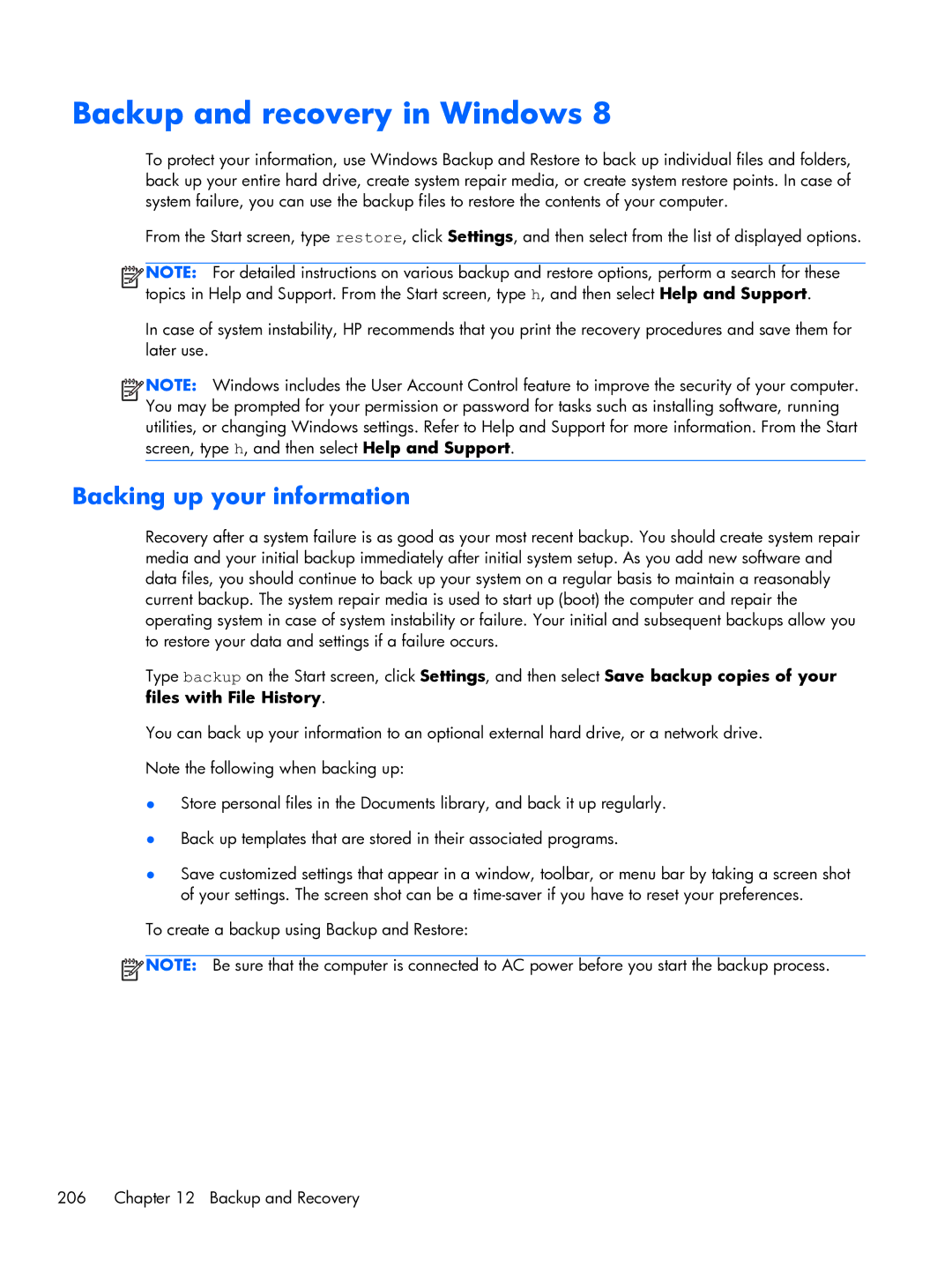 HP Pro 6300 manual Backup and recovery in Windows, Backing up your information 