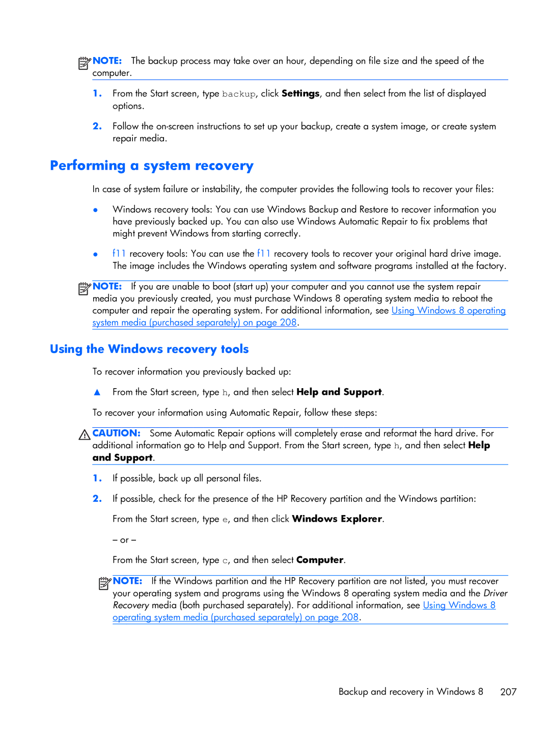 HP Pro 6300 manual Performing a system recovery, Using the Windows recovery tools 